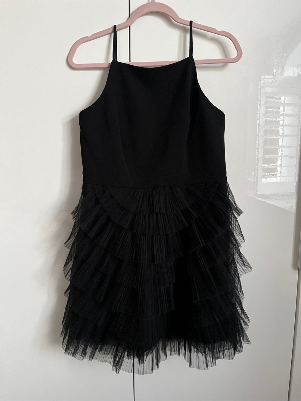 NWOT BCBGMaxAzria Black Spaghetti Strap Tiered Tulle Mini Dress, Size 10